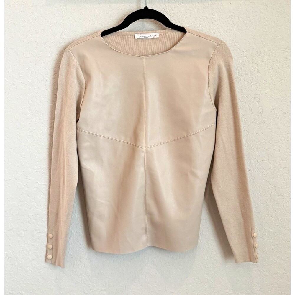 Sioni Women’s Beige Solid Knit Pullover Sweater Round Neck Button Cuff XS